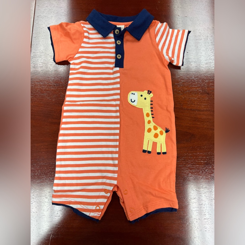 First Impressions Orange Striped Bay One Piece with Giraffe Design Sz 6-9 months
